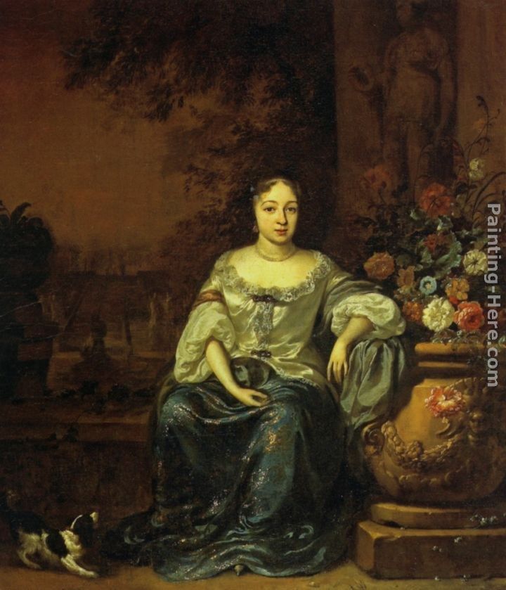 Jan Weenix Portrait of a Lady Seated in a Garden with her Dog